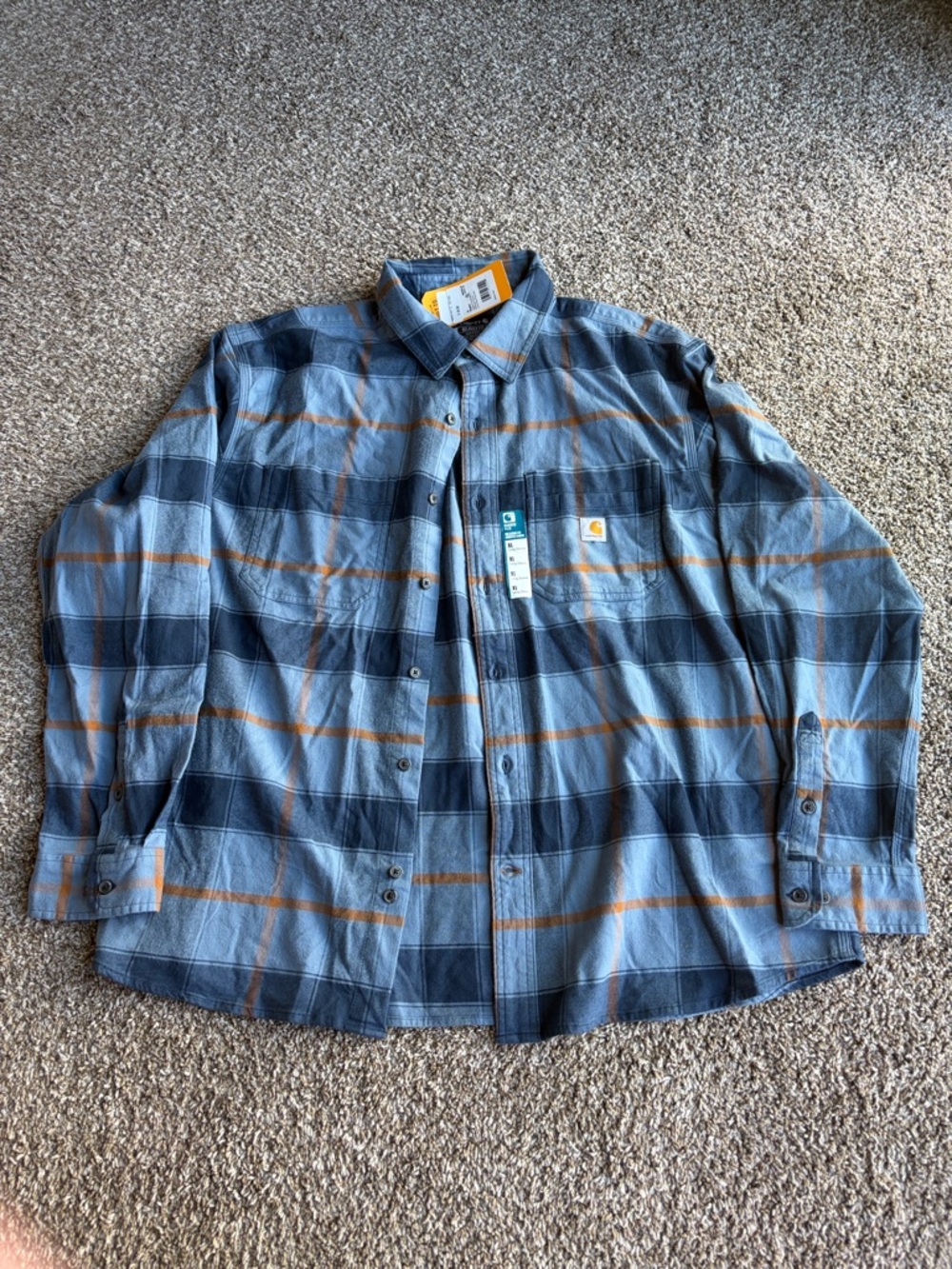 Carhartt Men’s Blue and Orange Plaid Button-Down Shirt